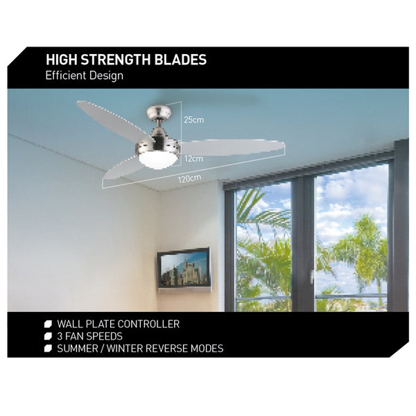 Arlec 1200mm 3 Blades Northera Chrome Ceiling Fan With Light