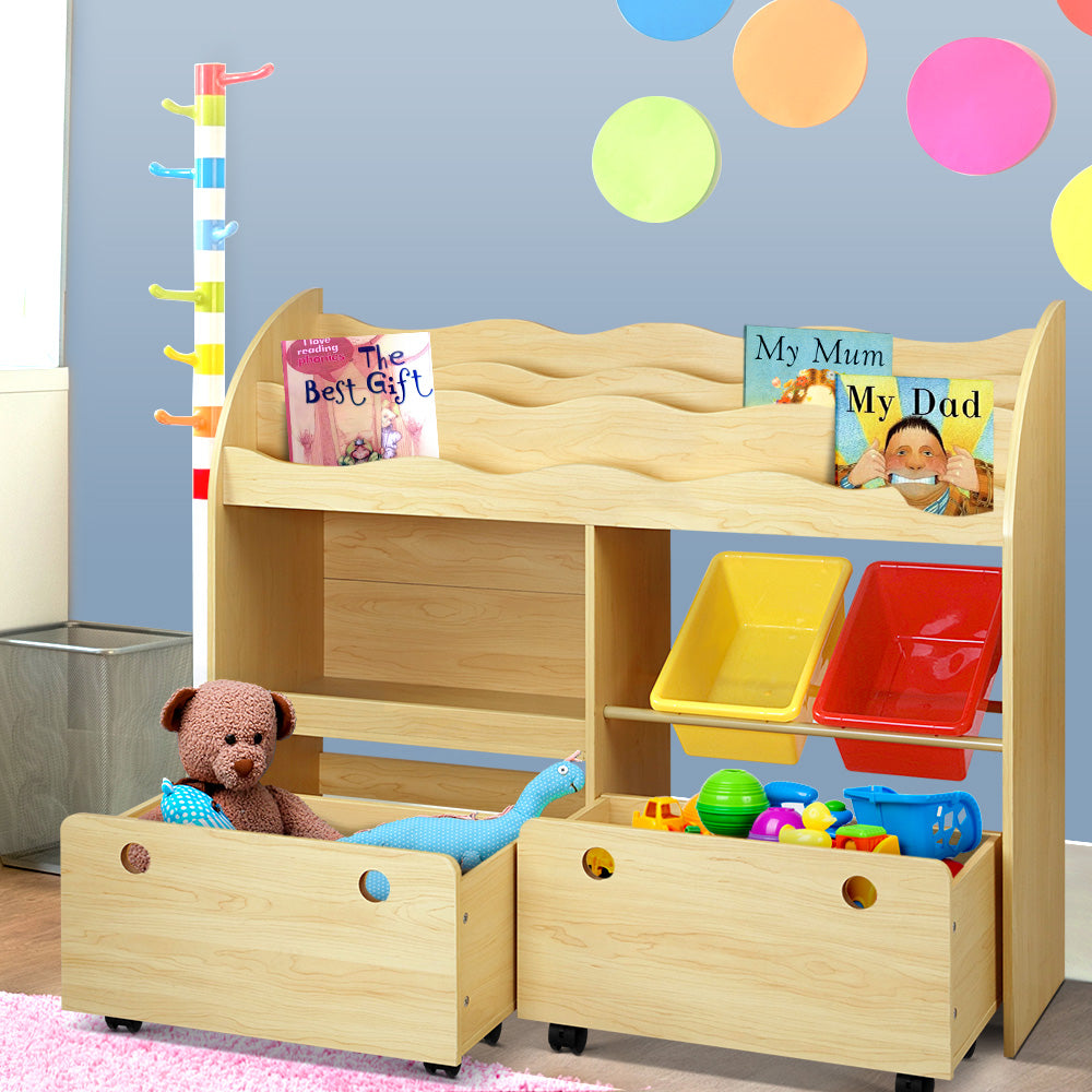 Keezi Kids Bookcase Childrens Bookshelf Toy Storage Box Organizer Display Rack Drawers with Rollers