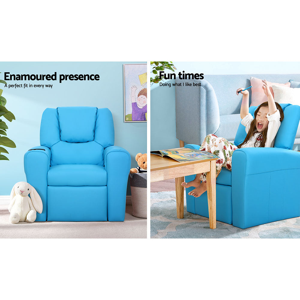 Keezi Luxury Kids Recliner Sofa Children Lounge Chair PU Couch Armchair Blue