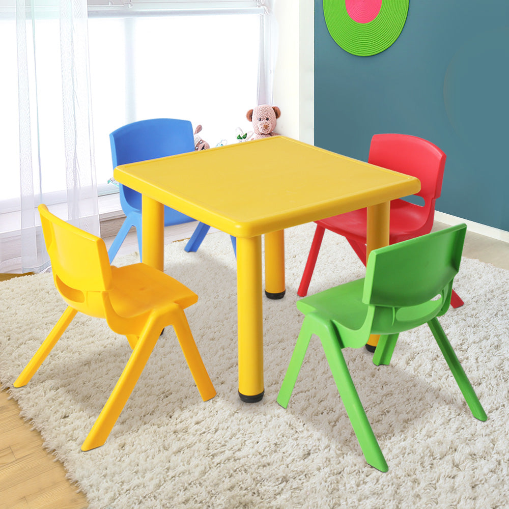 Keezi 60x60cm Kids Children Activity Study Desk Yellow Table & 4 Chairs Mixed - TheITmart