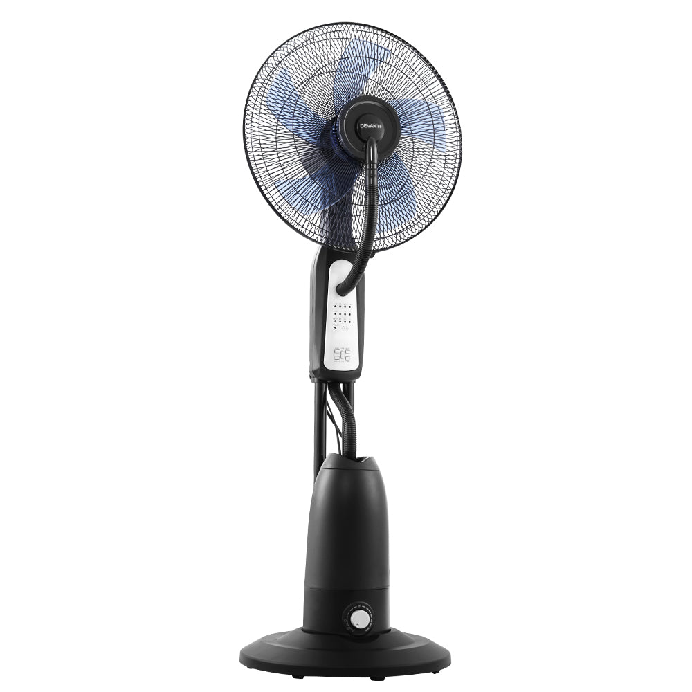 Devanti Mist Fan Pedestal Fans Cool Water Spray Timer Remote 5 Blades Black and Silver - TheITmart