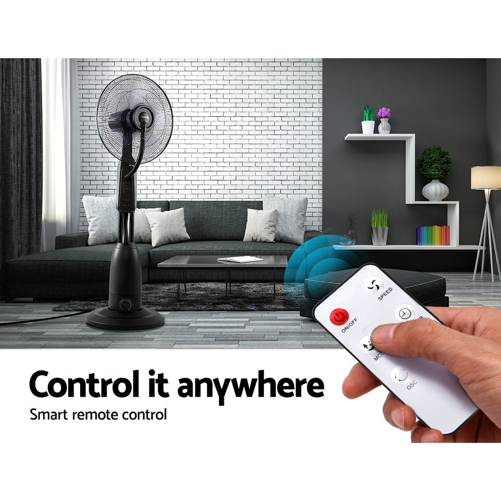 Devanti Mist Fan Pedestal Fans Cool Water Spray Timer Remote 5 Blades Black and Silver - TheITmart