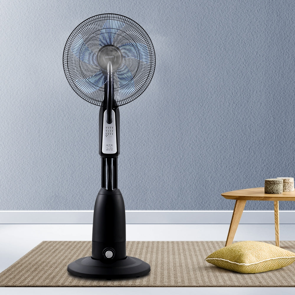Devanti Mist Fan Pedestal Fans Cool Water Spray Timer Remote 5 Blades Black and Silver - TheITmart