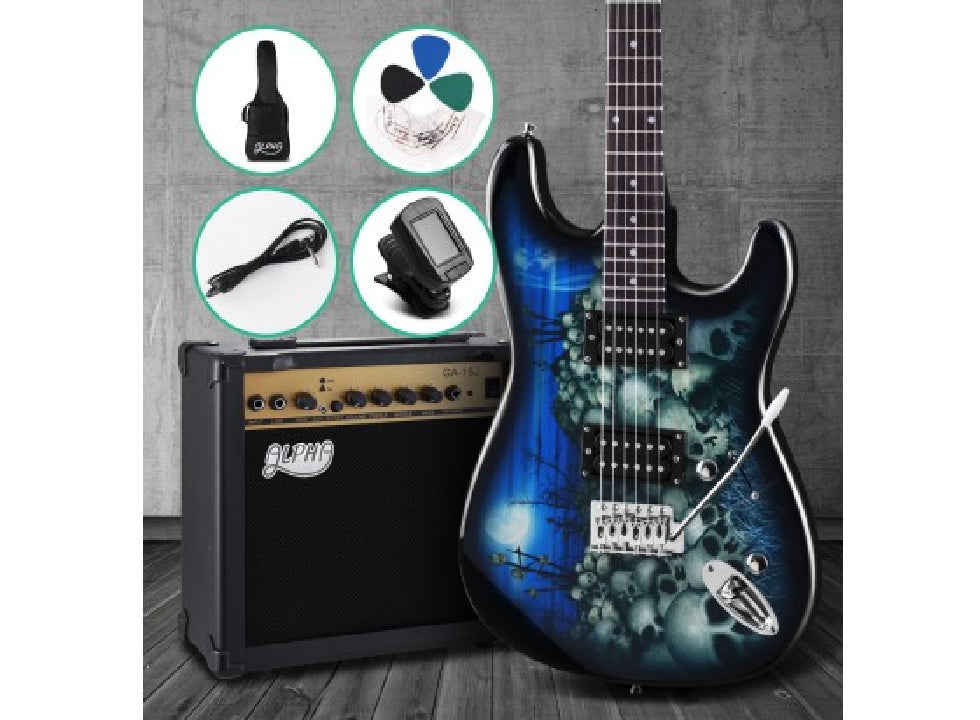 Alpha Electric Guitar And AMP Music String Instrument Rock Blue Carry Bag Steel String - TheITmart