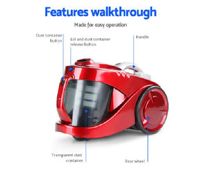 Devanti 2800W Bagless Cyclone Cyclonic Vacuum Cleaner - Red - TheITmart