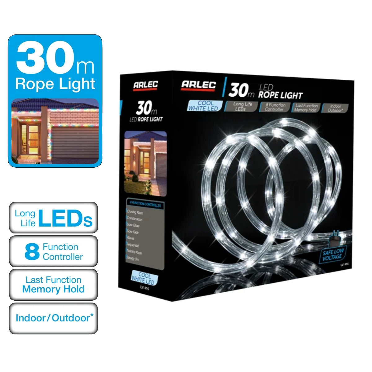 Arlec 30m Festive LED Light Rope - Cool White /8 Functions/Memory Hold - TheITmart