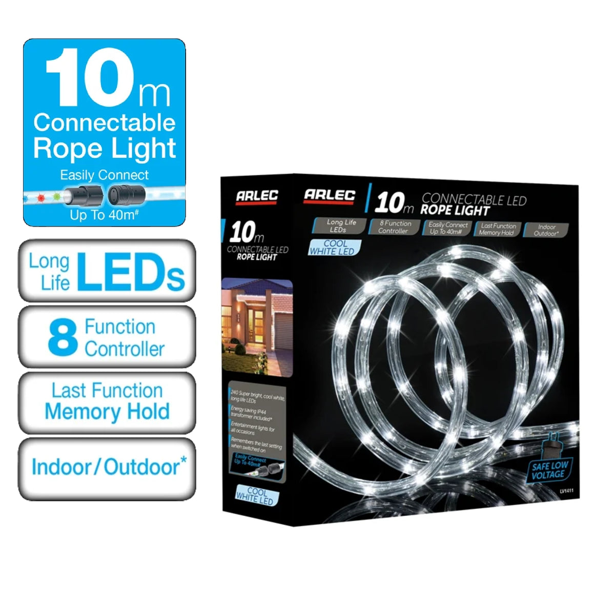 Arlec 10m Festive LED Light Rope 8 Functions Memory Hold / Indoor & Outdoor