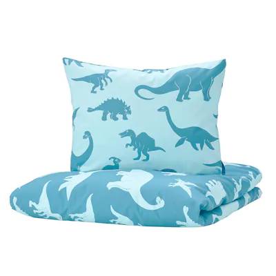 Single Quilt cover and pillowcase dinosaur/blue cotton