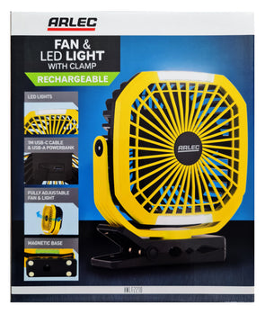 Arlec Rechargeable Fan & LED Light with Clamp for Outdoors & Worksites Magnetic Base