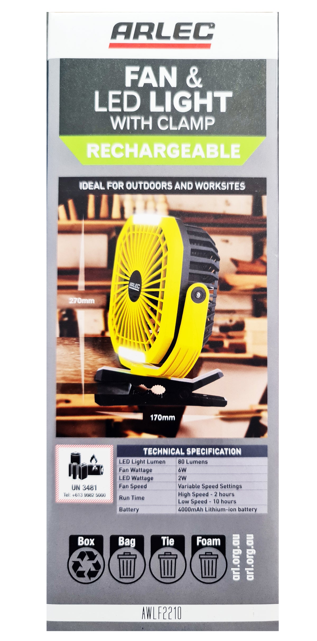 Arlec Rechargeable Fan & LED Light with Clamp for Outdoors & Worksites Magnetic Base