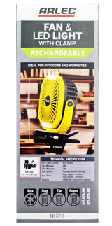 Arlec Rechargeable Fan & LED Light with Clamp for Outdoors & Worksites Magnetic Base