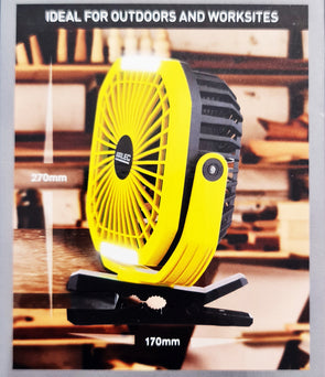 Arlec Rechargeable Fan & LED Light with Clamp for Outdoors & Worksites Magnetic Base