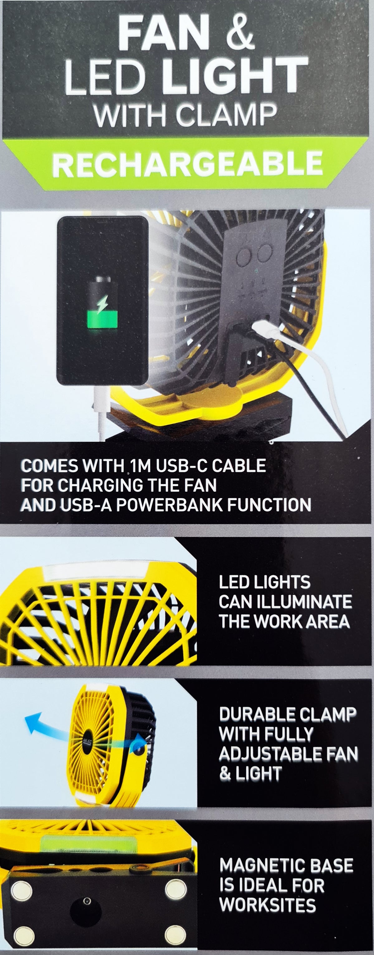 Arlec Rechargeable Fan & LED Light with Clamp for Outdoors & Worksites Magnetic Base
