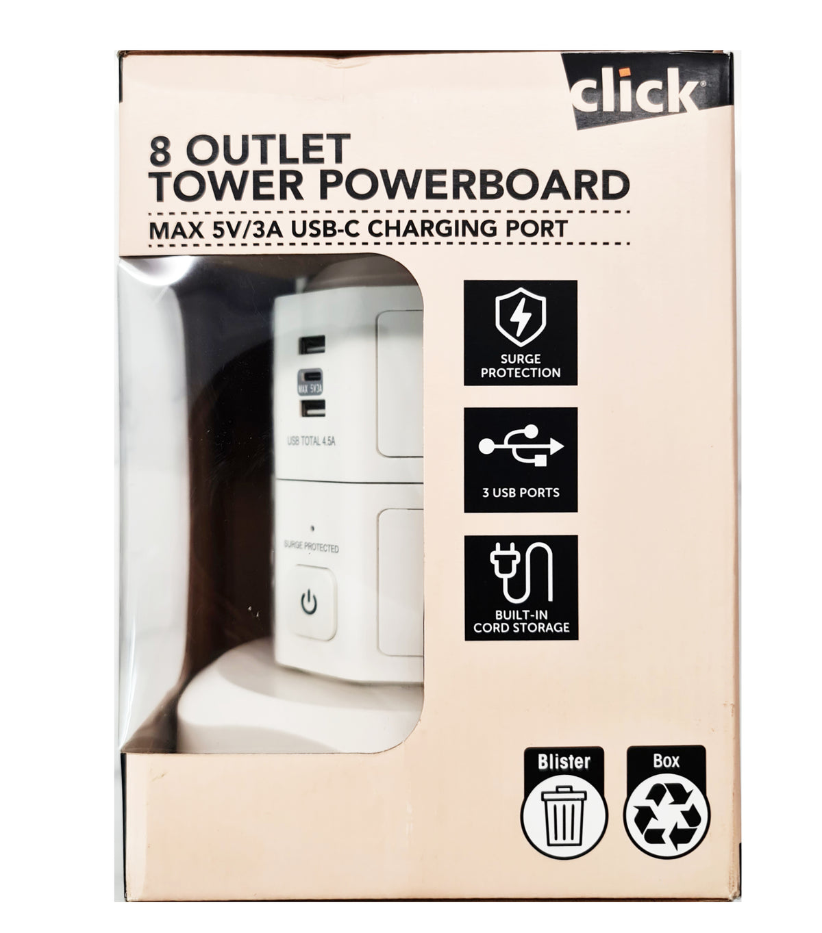 Click 8 Outlet Tower Powerboard/3A USB-C Charging Port