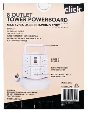 Click 8 Outlet Tower Powerboard/3A USB-C Charging Port