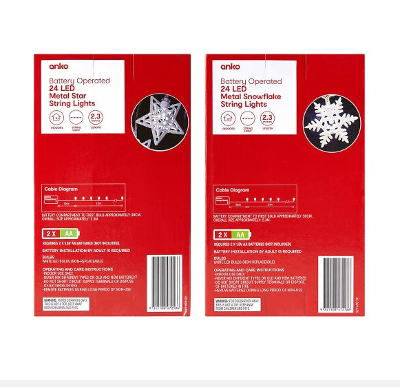 Battery Operated 24 LED Metal String Lights - Assorted