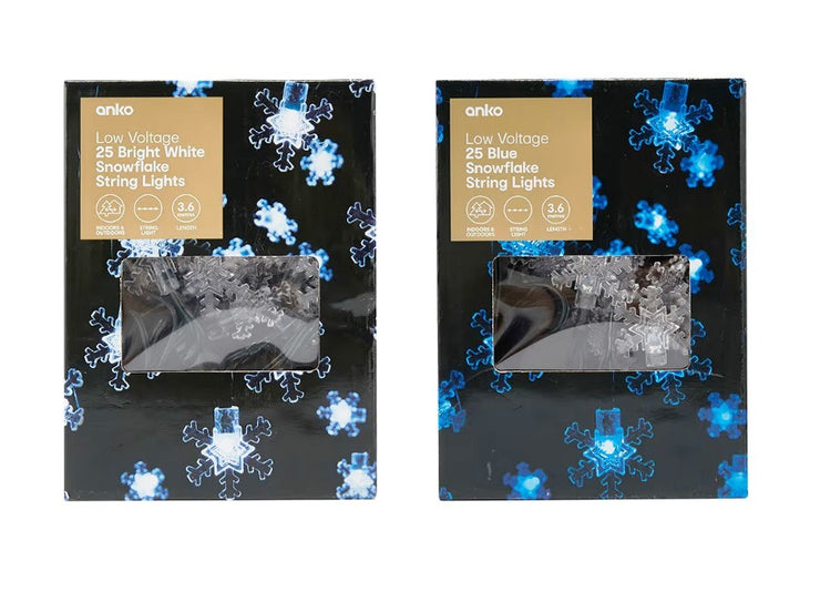 Low Voltage 25 Snowflake String Lights - Assorted* / White or Blue