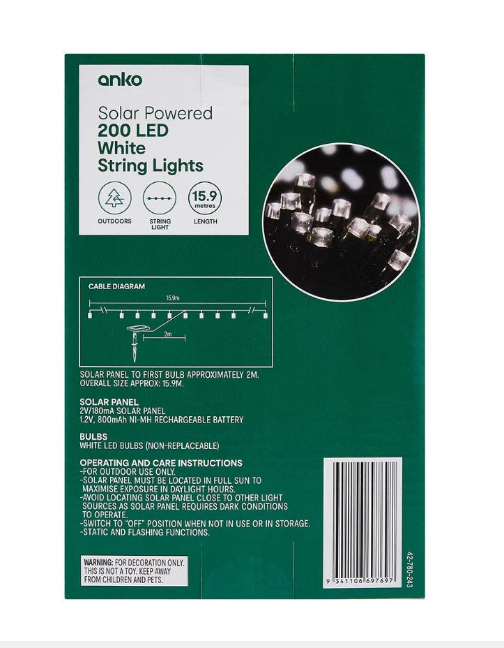 Solar Powered 200 LED String Lights - White or Multi-Colour