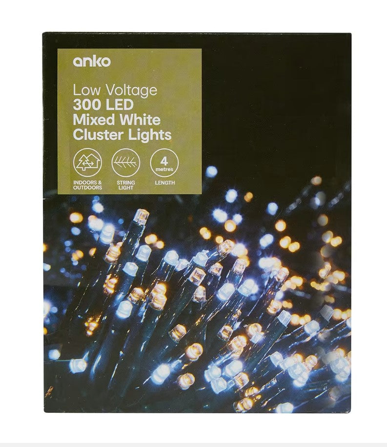 Christmas 4m Low Voltage 300 LED Mixed White Cluster Lights