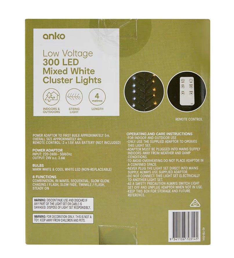 Christmas 4m Low Voltage 300 LED Mixed White Cluster Lights