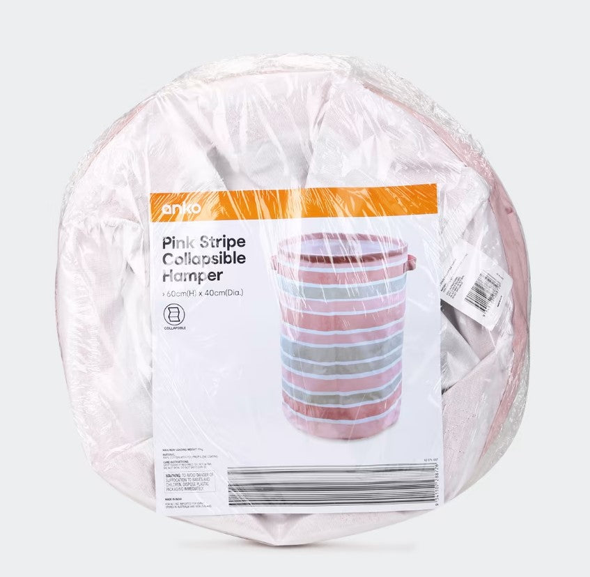 61cm Collapsible Hamper - Pink Stripe/Perfect Organizer for Laundry or Toys - TheITmart