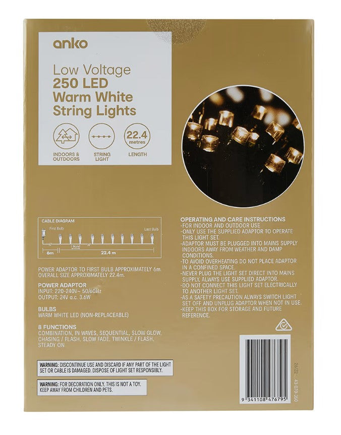 Low Voltage 250 LED Warm White String Lights / 8 Functions / Indoor Or Outdoor - TheITmart