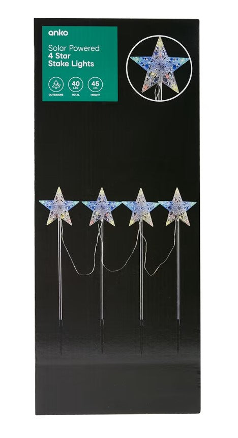 Anko 45cm Solar Powered 4 Star Stake Lights 40 LEDs Outdoor - TheITmart