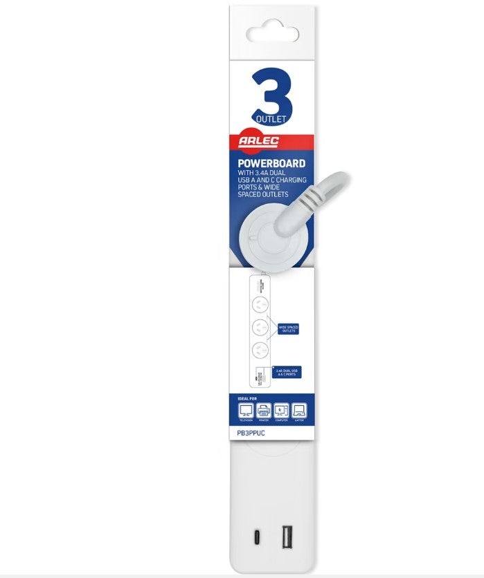 Arlec 3 Outlets 2 USB A&C Powerboard