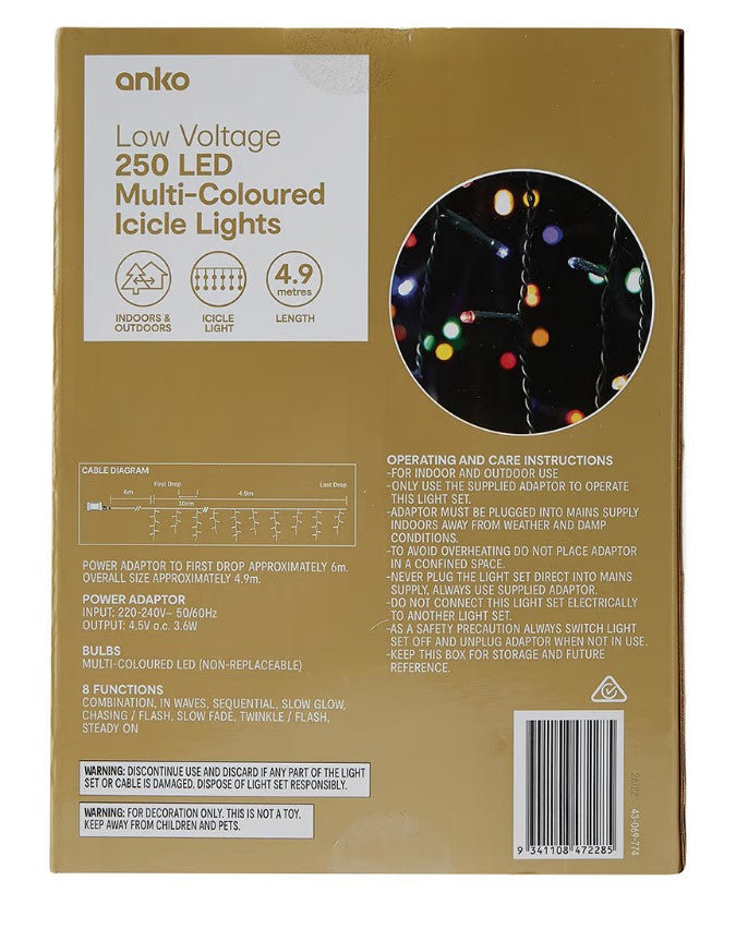 Low Voltage 250 LED Multi-Coloured Icicle Lights / Overall Length 490cm - TheITmart