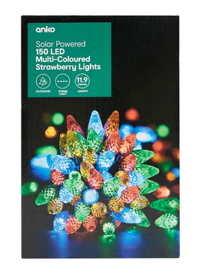 Solar Powered 150 LED Multi-Coloured Strawberry Lights/ Static & Flashing Functions