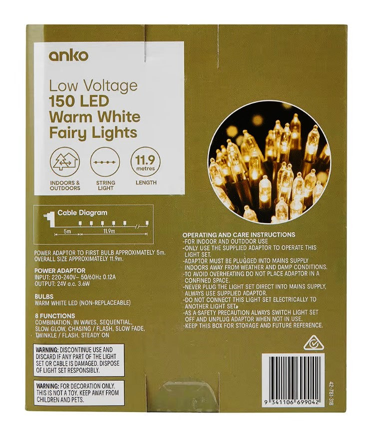 Low Voltage 150 LED Warm White Fairy Lights/8 Functions/Indoor Or Outdoor - TheITmart