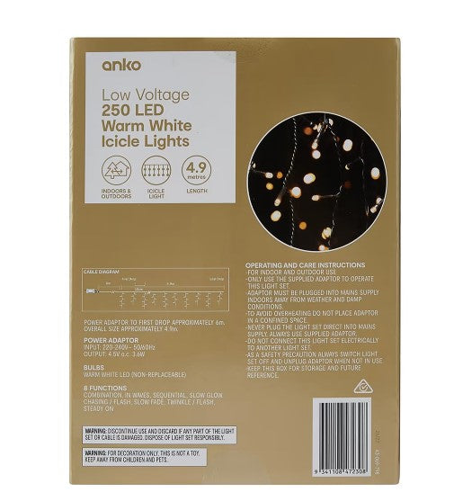 Low Voltage 250 LED Warm White Icicle Lights / Overall Length 490cm