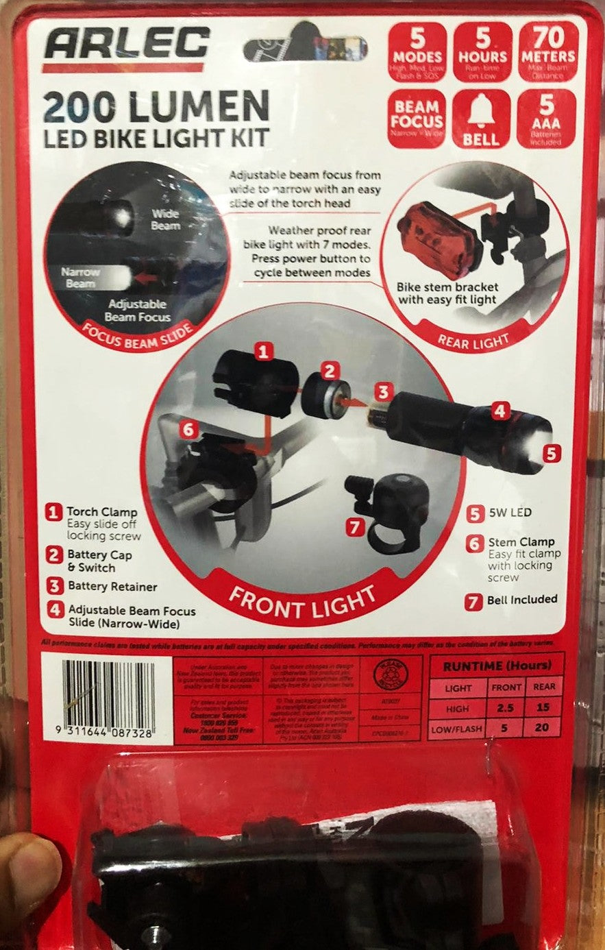 Arlec 200 Lumen LED Bike Light Kit with Bell & Rear Light/5 Modes/Beam Focus - TheITmart