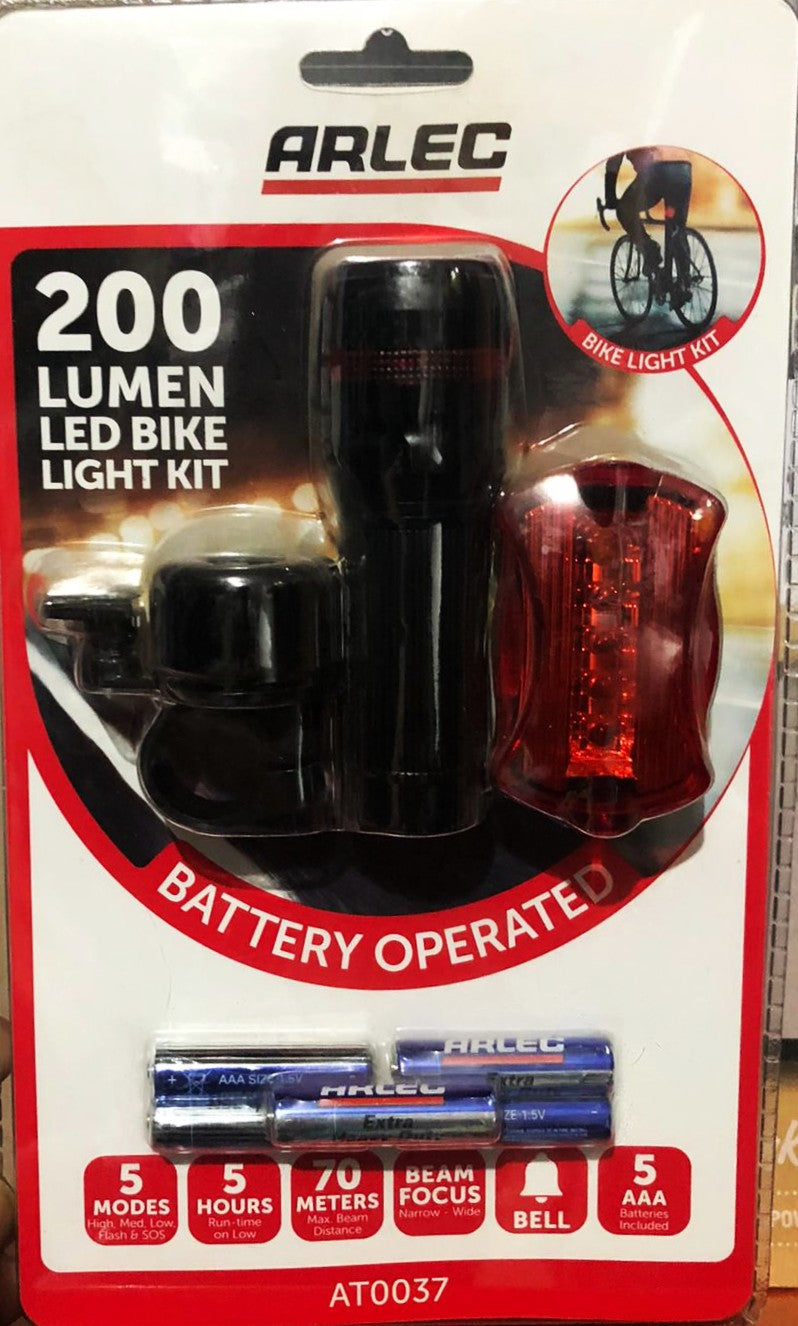 Arlec 200 Lumen LED Bike Light Kit with Bell & Rear Light/5 Modes/Beam Focus - TheITmart