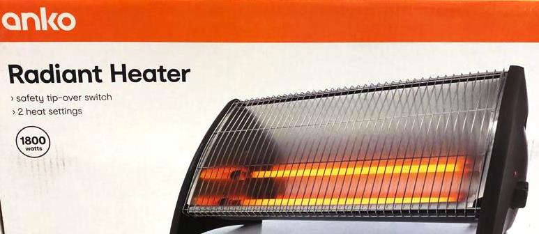 Anko 1800W Black Radiant Heater/ 2 Heat Settings/ Safety Tip-Over Switch - TheITmart