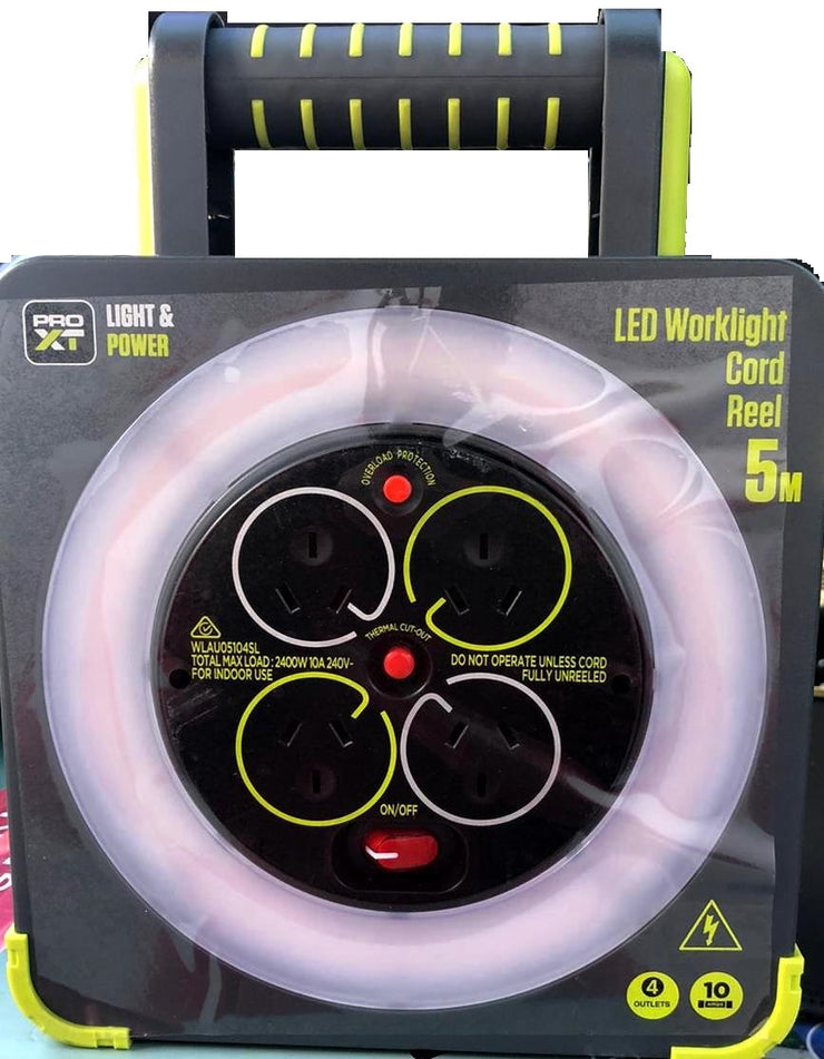 XT PRO Light & Power 2400W LED Worklight 5M 4 Outlets Extension Cord Reel