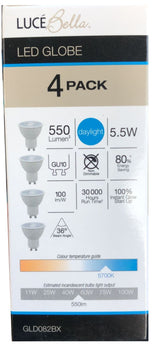 Luce Bella GU10 5.5W / 550 Lumens Daylight LED Globe - 4 Pack