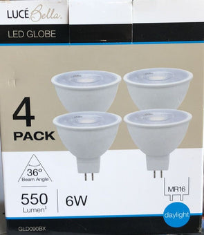 Luce Bella 4 Pack GLD090BX 6W 550Lumen 36° Daylight MR16 Led Globe