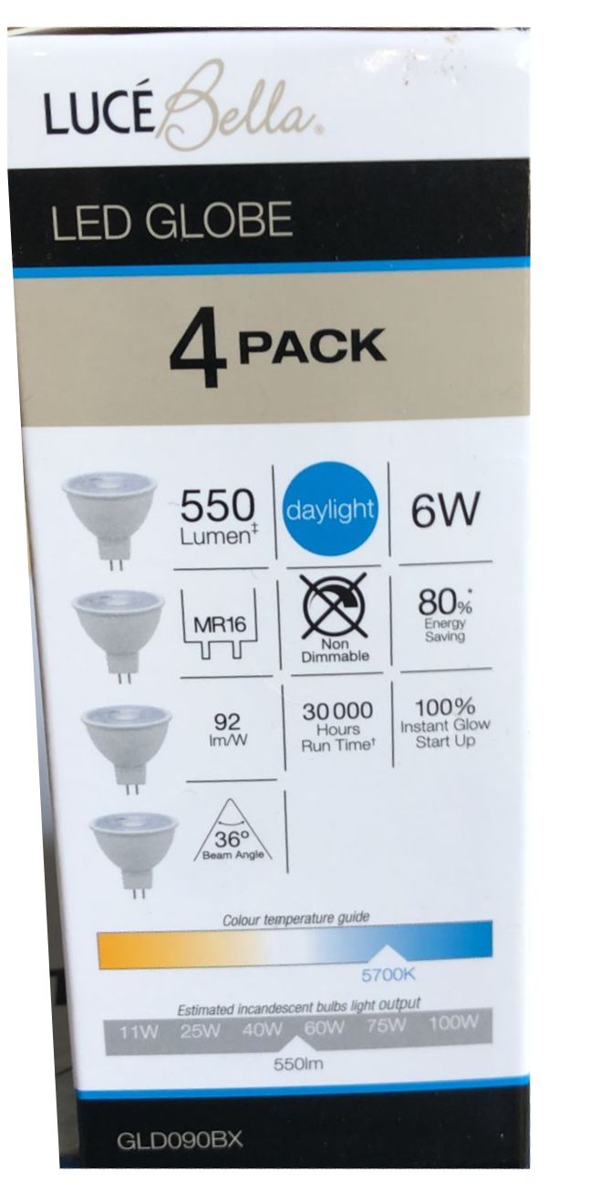 Luce Bella 4 Pack GLD090BX 6W 550Lumen 36° Daylight MR16 Led Globe