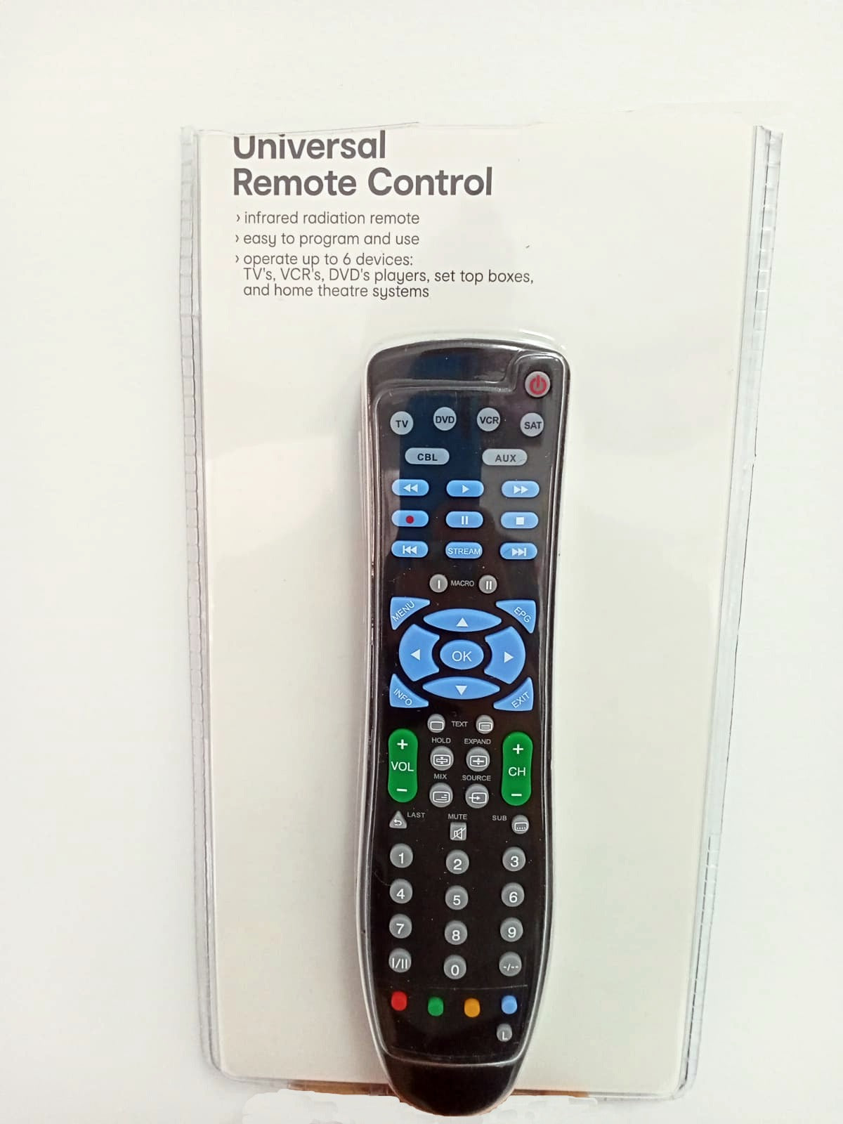 Black Universal Remote Control /Operates up to 6 Devices