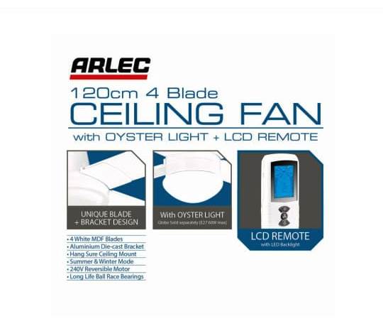 Arlec 120cm White 4 Blade Ceiling Fan With Oyster Light & LCD Remote Control - TheITmart