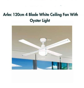 Arlec 120cm White 4 Blade Ceiling Fan With Oyster Light - CSF122WRO