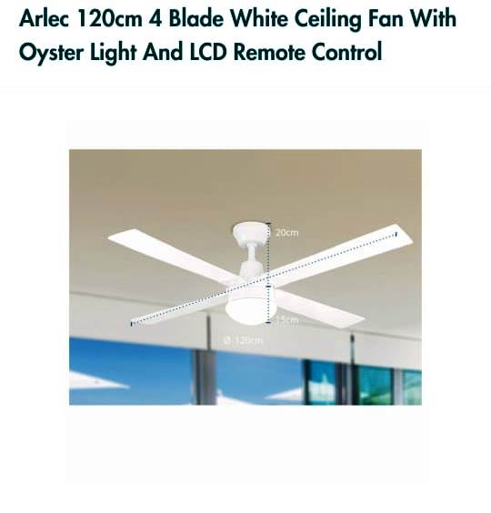 Arlec 120cm White 4 Blade Ceiling Fan With Oyster Light & LCD Remote Control - TheITmart