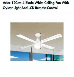 Arlec 120cm White 4 Blade Ceiling Fan With Oyster Light & LCD Remote Control