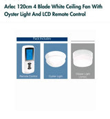 Arlec 120cm White 4 Blade Ceiling Fan With Oyster Light & LCD Remote Control - TheITmart