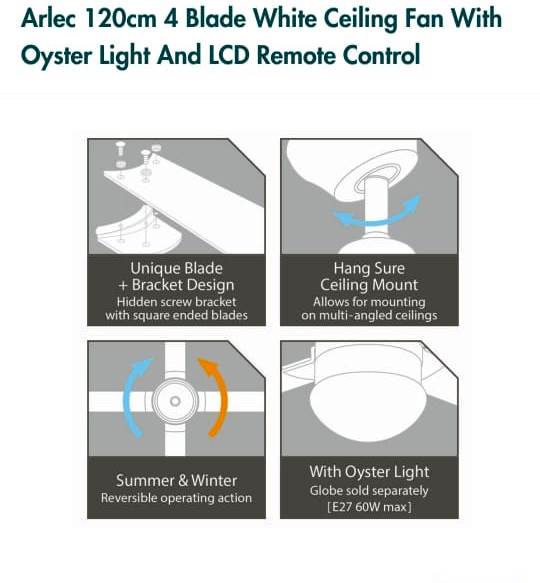 Arlec 120cm White 4 Blade Ceiling Fan With Oyster Light & LCD Remote Control - TheITmart