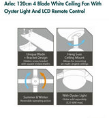 Arlec 120cm White 4 Blade Ceiling Fan With Oyster Light & LCD Remote Control - TheITmart