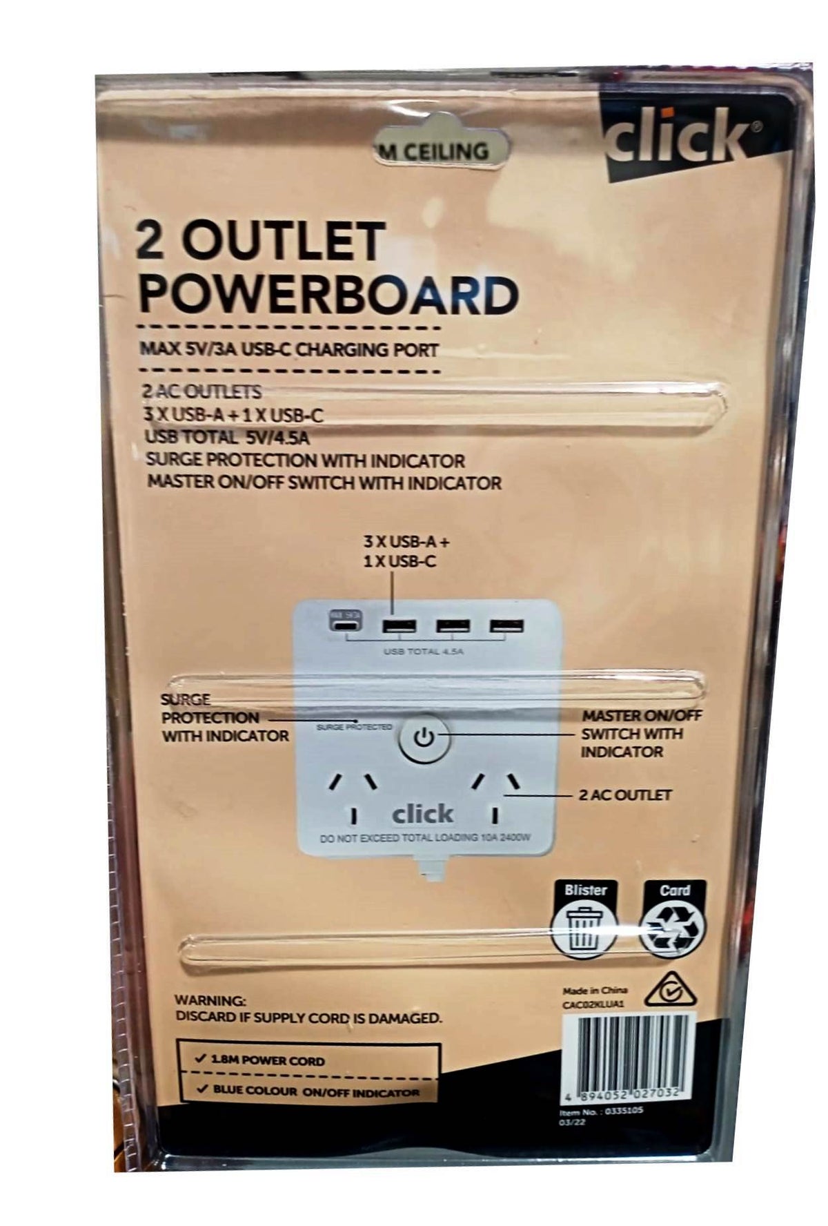 Click White 2 Outlets Powerboard/ 4 USB Ports/ Surge Protection with Indicator - TheITmart