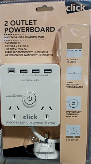 Click White 2 Outlets Powerboard/ 4 USB Ports/ Surge Protection with Indicator