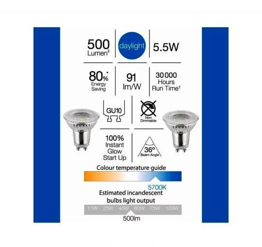 Luce Bella GLD180BX GU10 5.5W 500 Lumens 36° Daylight LED Globe - 2 Pack